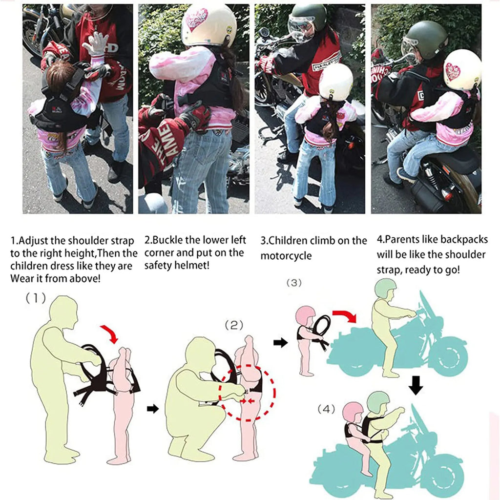 Breathable Motorcycle Safety Belt with Storage Bag Rear Seat Grab Handle Strap Harness Adjustable Child Reflective Strip for Kid