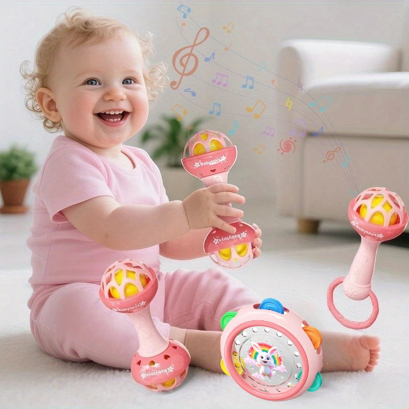 Pink Ringtone Handdrum Baby Toy - Durable ABS Material, with Rabbit & Heart Patterns, Perfect for Newborns & Toddlers