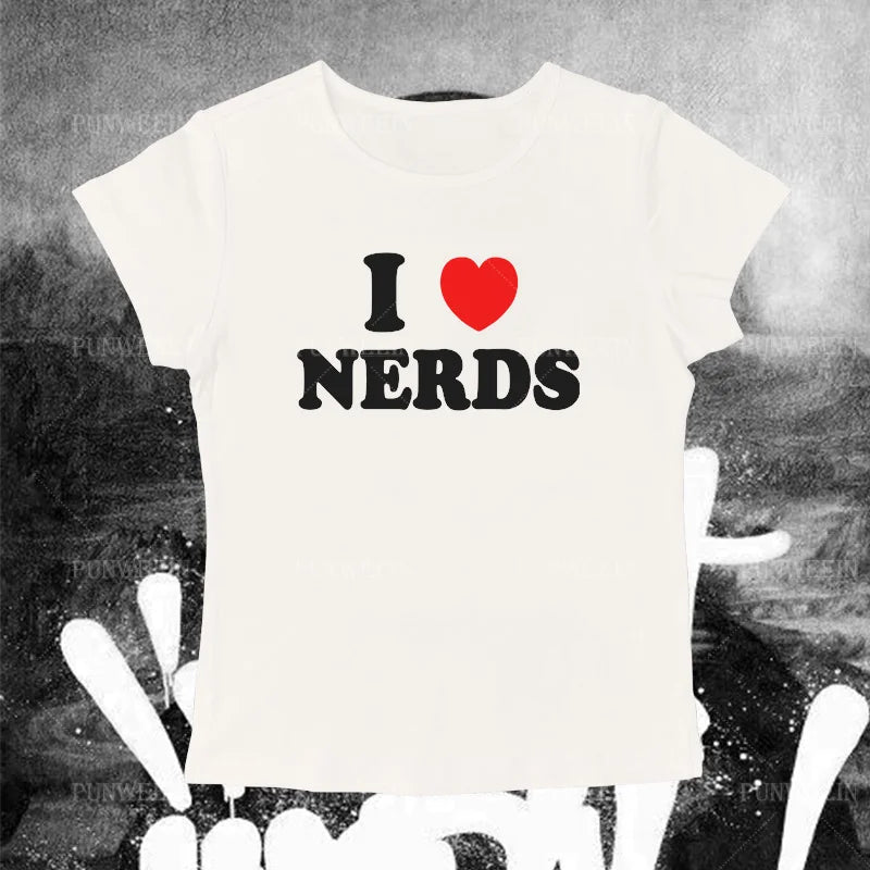 y2k Girls Summer vintage Crop Tops Harajuku Punk I love Nerds Graphics Women T Shirt Short Sleeve Streetwear Sexy Slim Baby tees