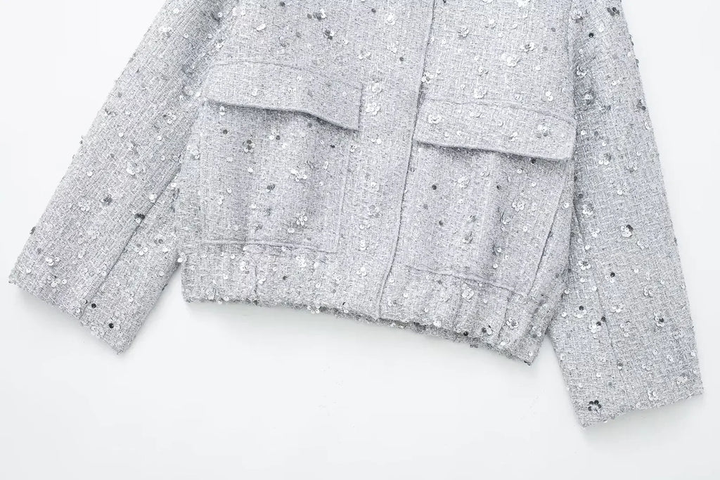 Women's Sequined Bomber Jacket Fall New Round Neck Long Sleeve Pocket Stretch Hem Sequins Jacket Coat Female Chic Outerwear
