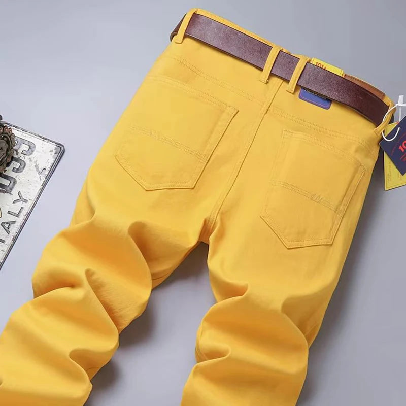 New Autumn Men's Yellow Pink Red Slim Jeans Classic Straight Elasticity Denim Pants Male Brand Stretch Skinny Colorful Trousers