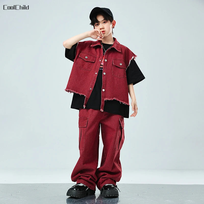 Hip Hop Girls Cool Denim Vest Burr Edge Cargo Jeans Clothes Sets Boys Jazz Street Dance T-shirt Child Kids Streetwear Costumes