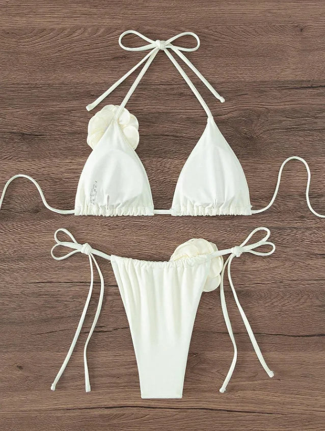 Sexy Bikini Set Women Swimsuit Black White 3D Floral Print Micro Bikinis Brazilian Cutout Beach Bathing Suit Thong Swimwear