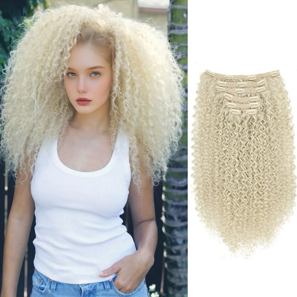 Synthetic Kinky Curly Blonde Hair Extensions Clip Ins for Women Brazilian Remy Hair Extensions 7Pcs with 24 Clips Natural Blonde