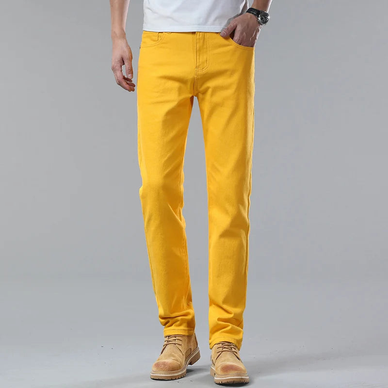 New Autumn Men's Yellow Pink Red Slim Jeans Classic Straight Elasticity Denim Pants Male Brand Stretch Skinny Colorful Trousers
