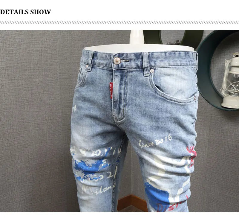 Designer Fashion New Men's Jeans Letter Printed Washed Nostalgic Stretch Slim Fit Retro Light Blue Jeans Hip Hop Brand High Qual