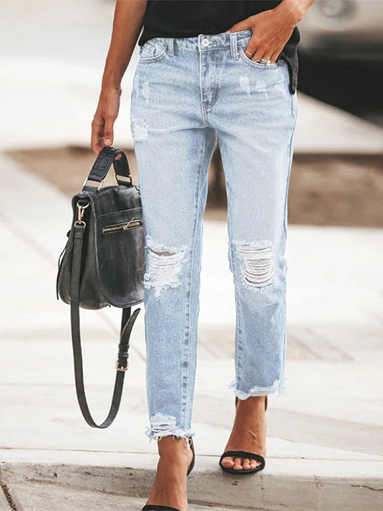 Casual Straight Jeans Women High Waisted Washed Skinny Ripped Slim Denim Pants 2025 Autumn Fashion Trend Commute Lady Trousers