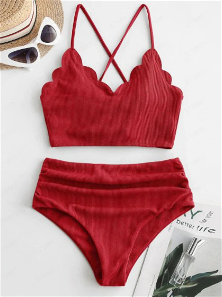 Bikini Women Swimsuit 2026 New Solid Ribbed Sling Bikinis Set Sexy High Waist Swimwear Summer 2 Piece Beach Bathing Suit Female