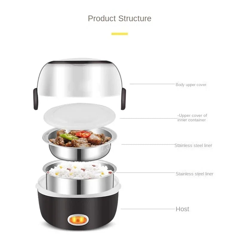 Mini Electric Rice Cooker Stainless Steel 2/3 Layers Food Container Steamer Portable Meal Heating Lunch Box Heater Warmer Bento
