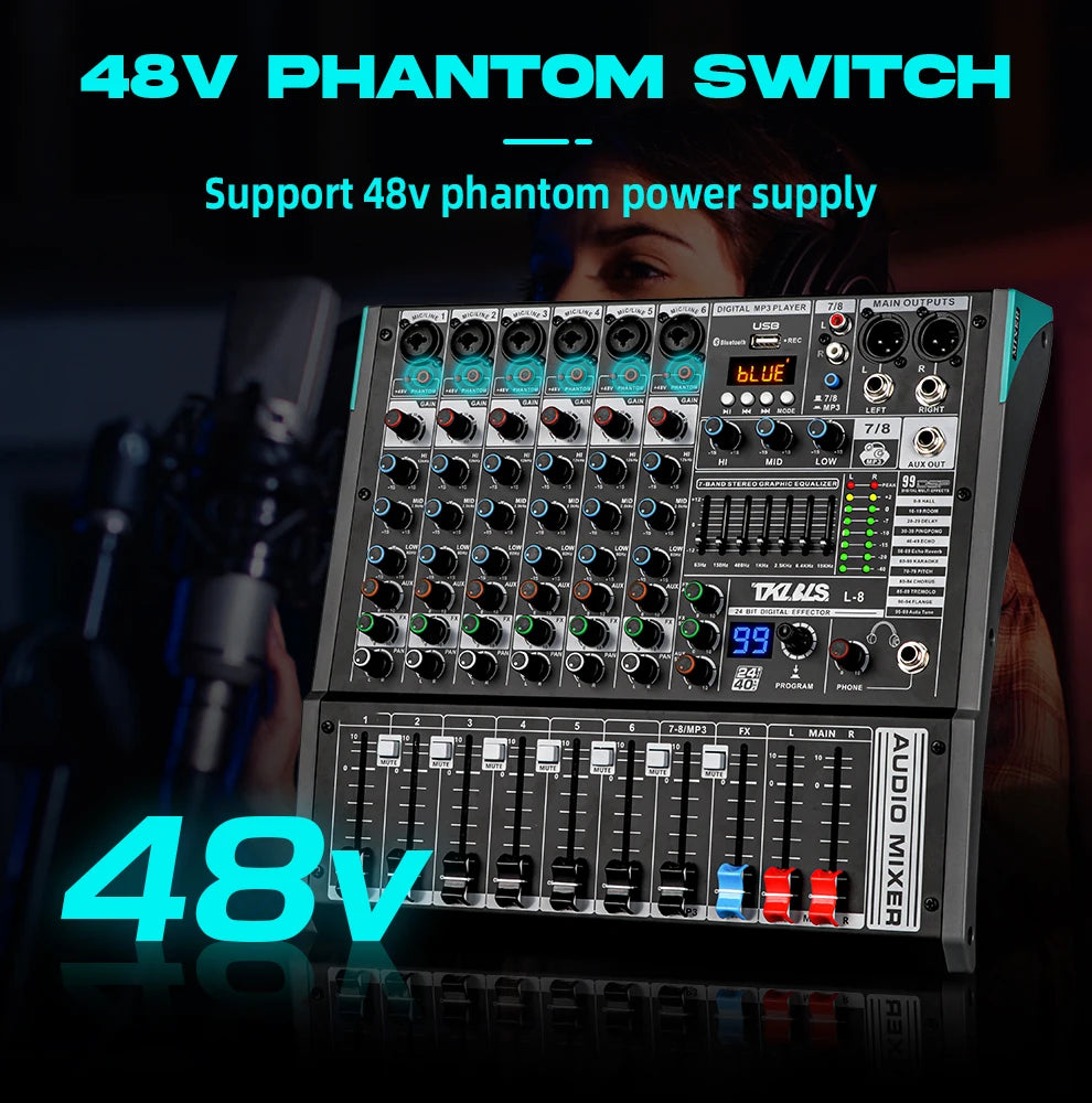 TKLBLS L8 Professional Audio Mixer Bluetooth 99 DSP Effects DJ 8 Channel Mixing Console USB 48V church