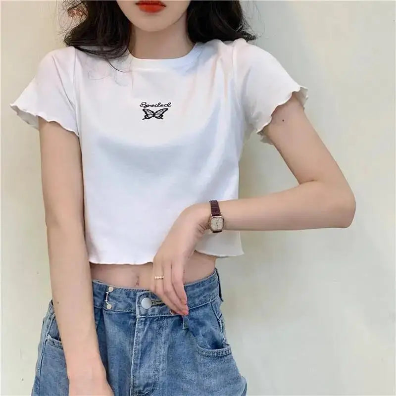 Y2K Crop Top T-shirt Women O-neck High Waist Slim Crop Top Butterfly Embroidered Short-Sleeved Tee Shirt T-shirts  Woman Clothes