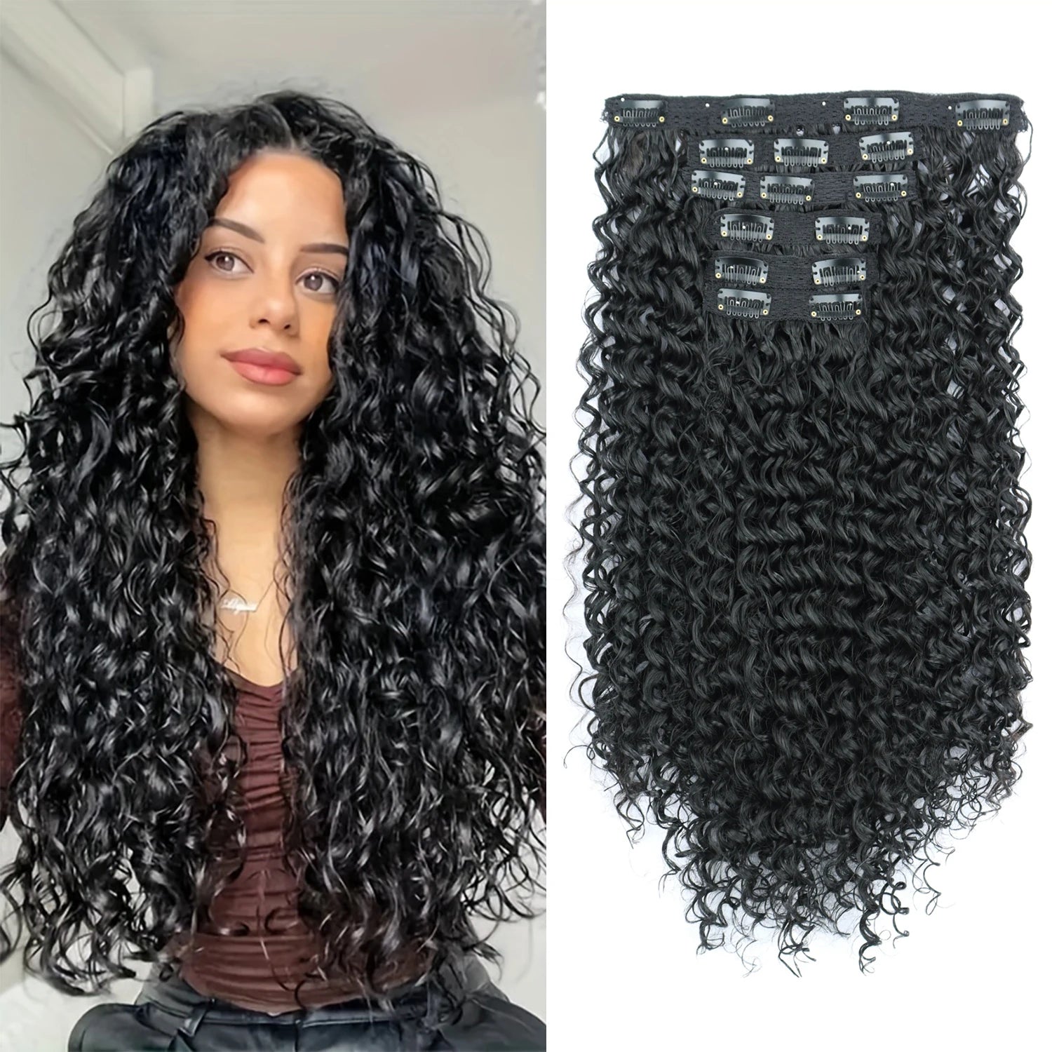 Synthetic Kinky Curly 16 Clip In Hair Extensions Full Head Fake Pieces Black Brown Hair Extensions Suitable For Women To Wear