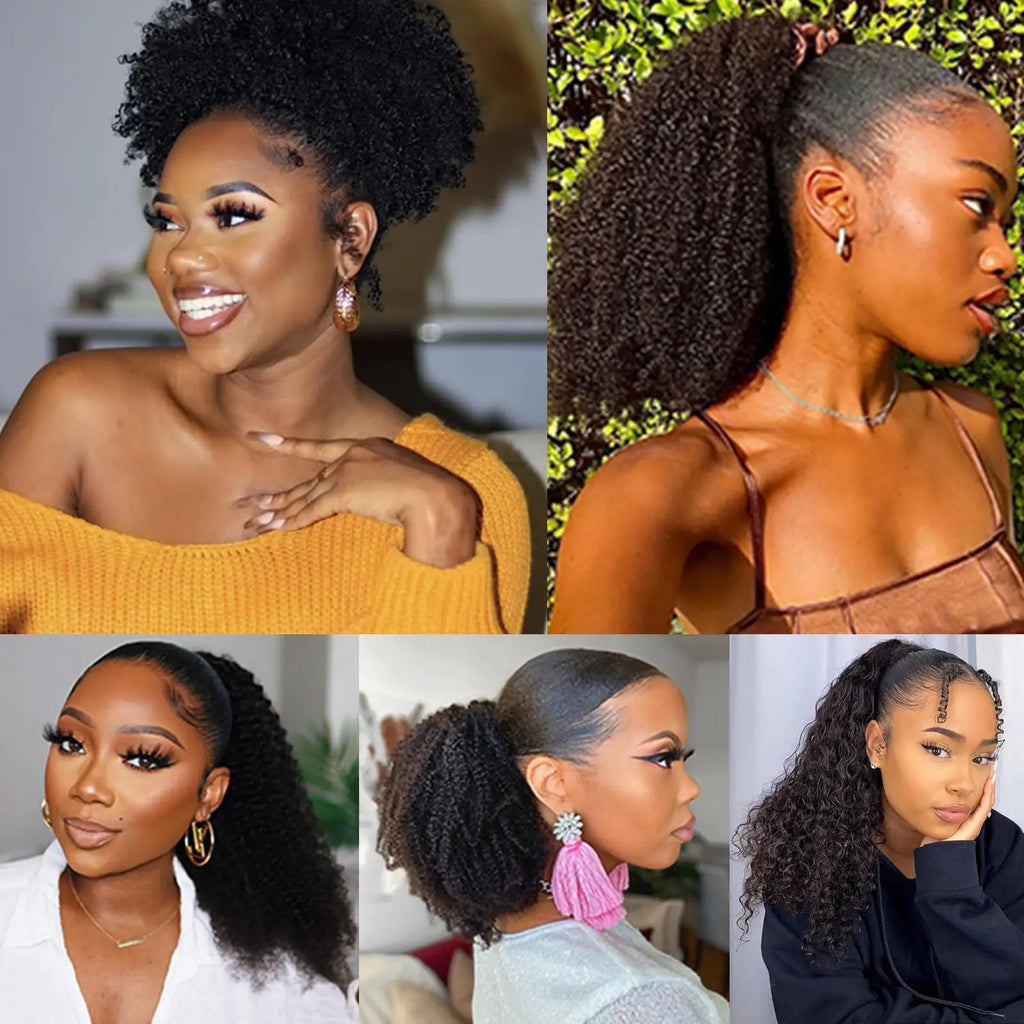 Pony Tail Hair Extensions Kinky Curly Ponytail Extension Drawstring Human Hair Clip in for Black Women Curly Wave Thick Hair #1B