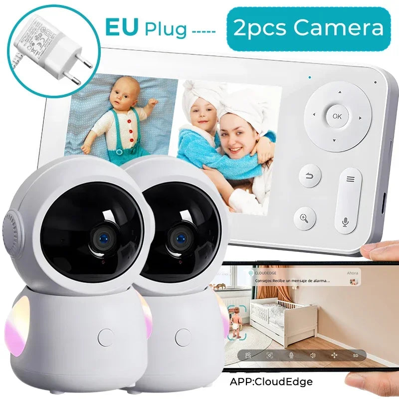 2K 3MP WiFi Baby Monitor with Two Camera Split-Screen Baby Phone via APP Control & 4.3" IPS Screen Auto Tracking PTZ Baby Camera