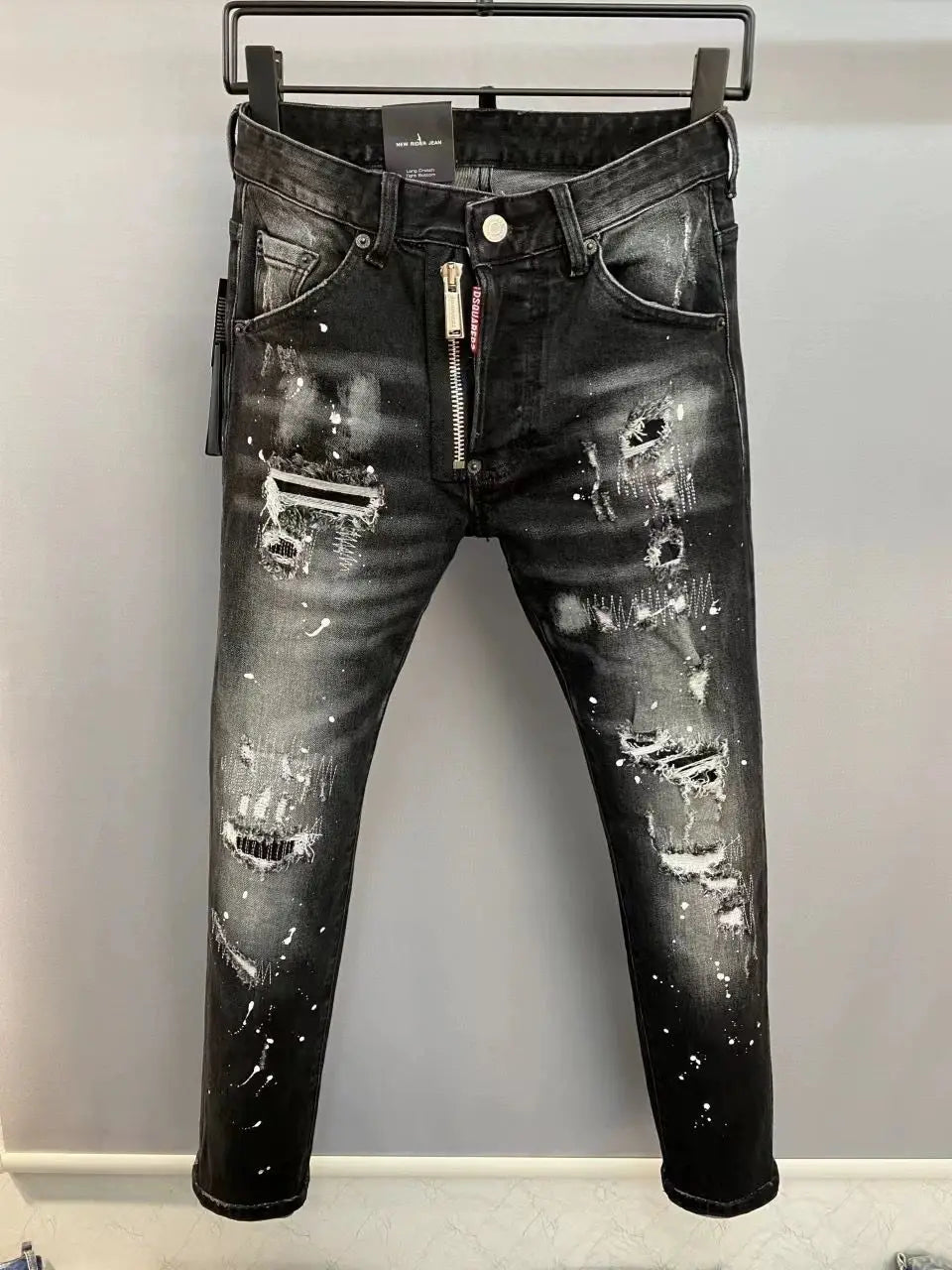 Light Luxury Washed Jeans Men's Trendy Brand Ruffian Handsome Black Ripped Patch Slim Fit Small Feet Casual Long Pants