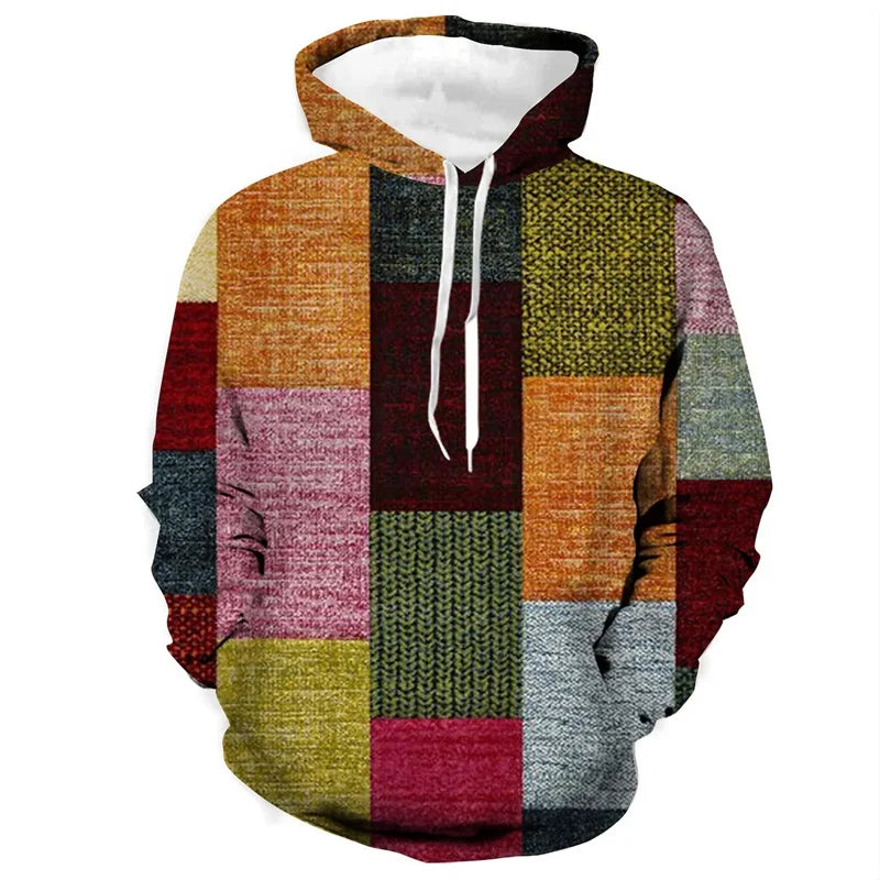 Vintage Hoodies For Men 3d Plaid Print Colorful Hoodie Sweatshirts Long Sleeve Pullovers Street Mens Clothes Casual Unisex Tops