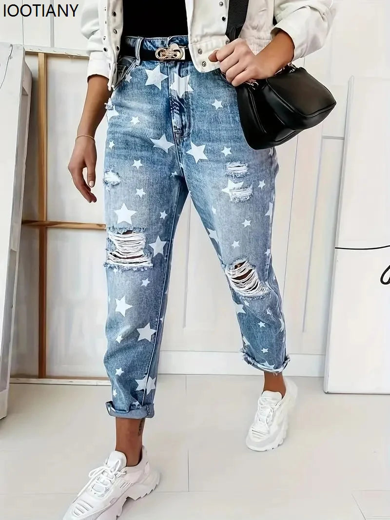 New Boyfriend Jeans Women's Slim Fit Ripped Jeans Fashion Women's Five-pointed Star Ripped Jeans Street Casual Blue Jeans 2025