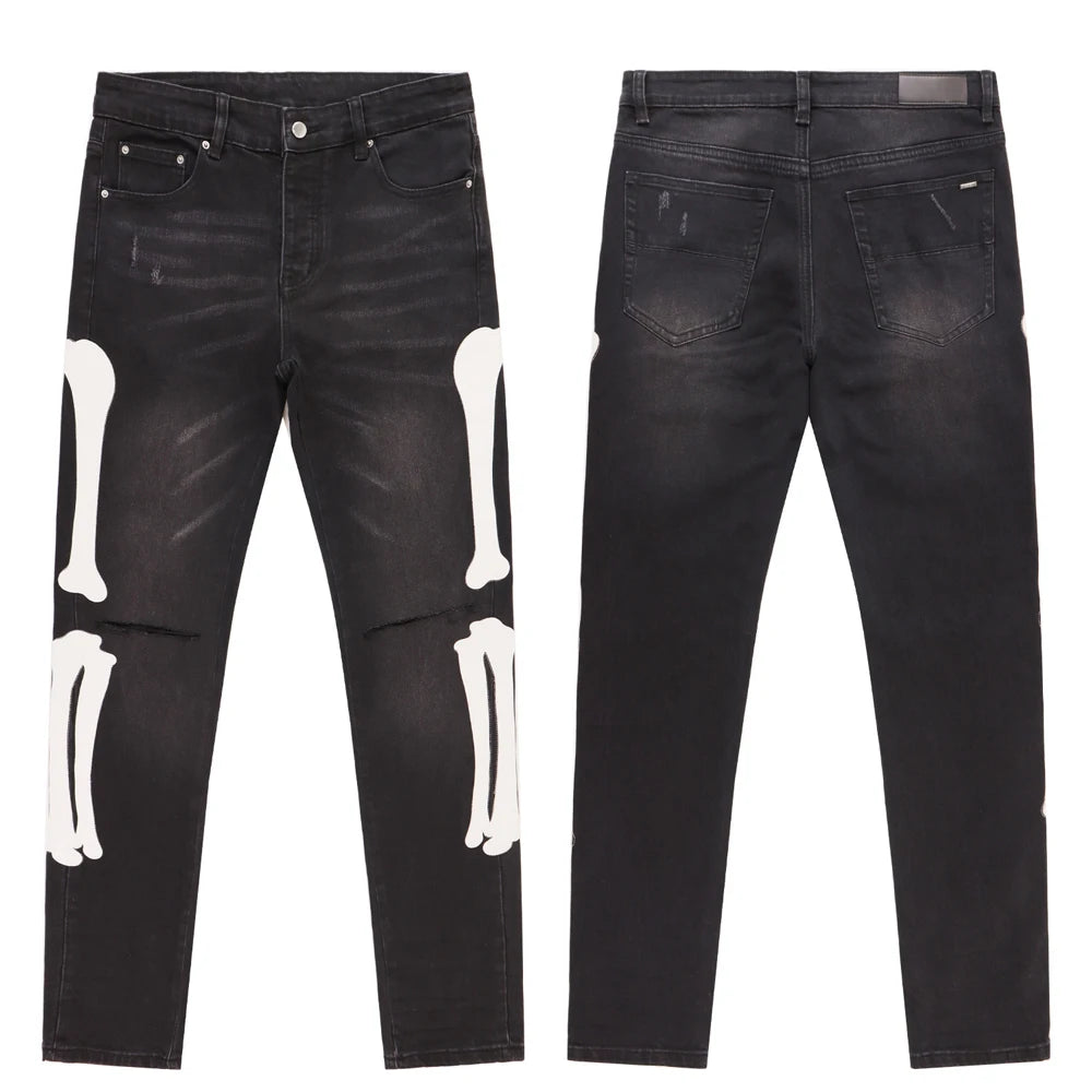 Y2k Clothes Hip-Hop Bones Embroidery Slim Fit Jeans Streetwear Ripped Rock Revivals Jeans Distressed Casual Pants Men's Clothing