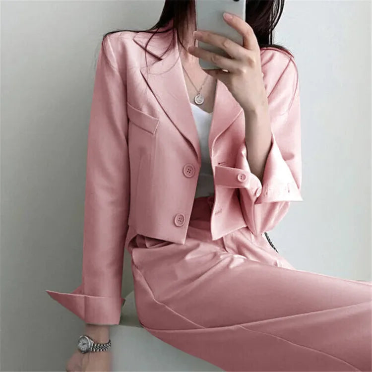 Suit Coat 2 Piece Set Women Blazer Jacket Straight Pants Ensemble Single Breasted Turn Down Collar Trousers Office Lady Outfits