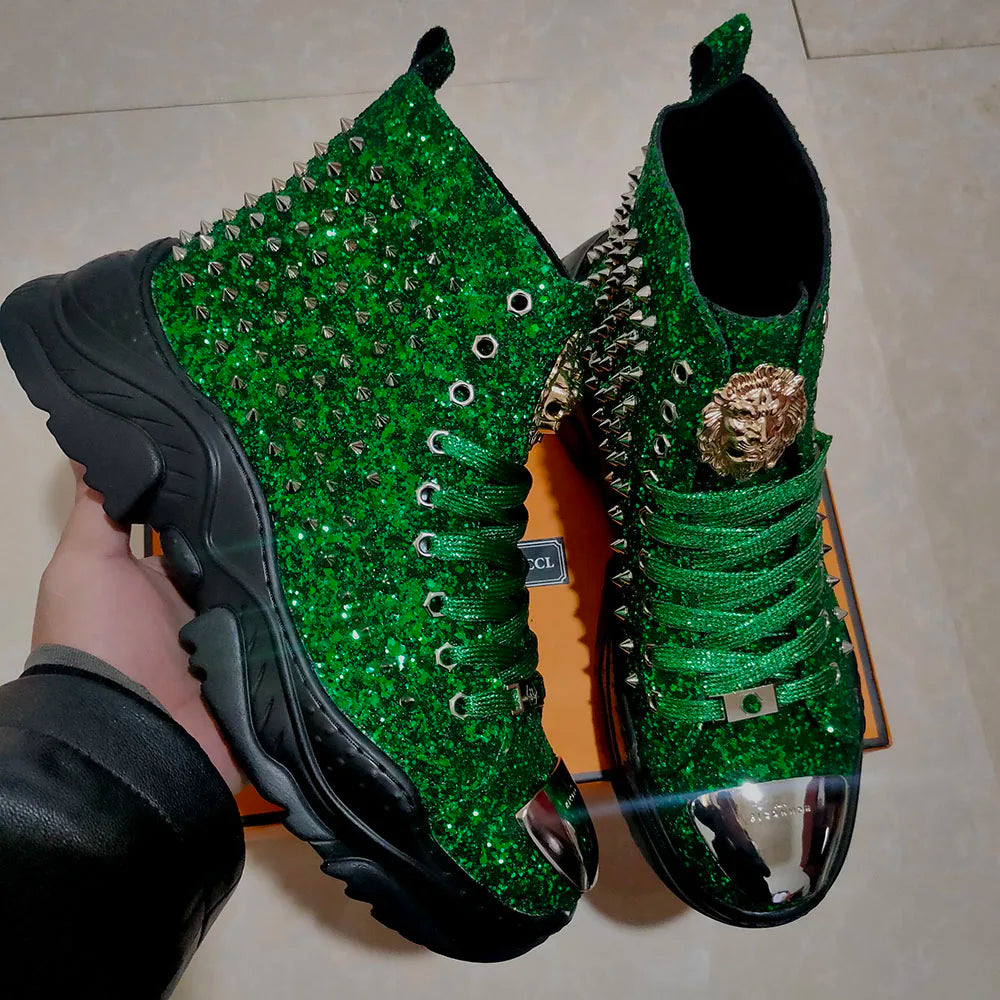 Luxury rivet Boots Men's shoes designer sneakers me n punk high tops gold red light bottom Casual Platfo A7