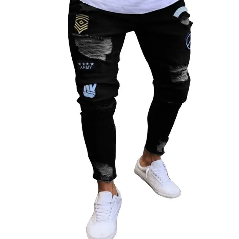 Mens Skinny Ripped jeans Slim scarification Blue Denim Pencil Pants Street hip-hop denim trousers fashion cowboy clothing men
