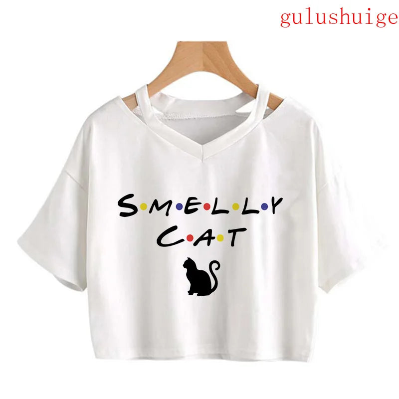 Y2k Crop Top Funny Cute Cat T Shirt Women Shirt Cropped Harajuku Graphic Ulzzang T-shirt 90s Tshirt Top Tee Female Gothic