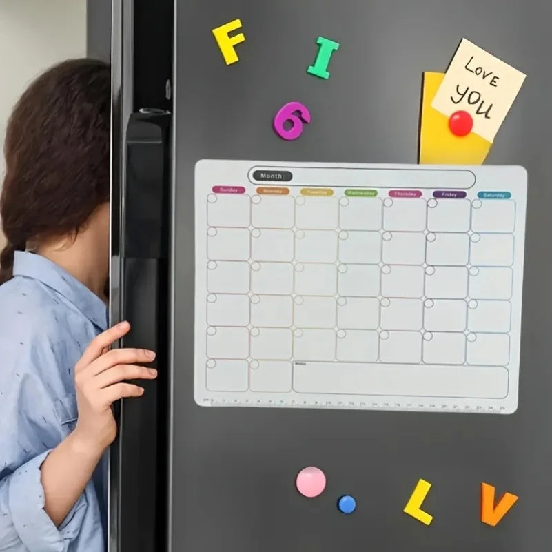 Magnetic Fridge Organizer Set - Reusable Monthly/Weekly Planner Sticker + Memo Board, Calendar & Note Kit for Home Office