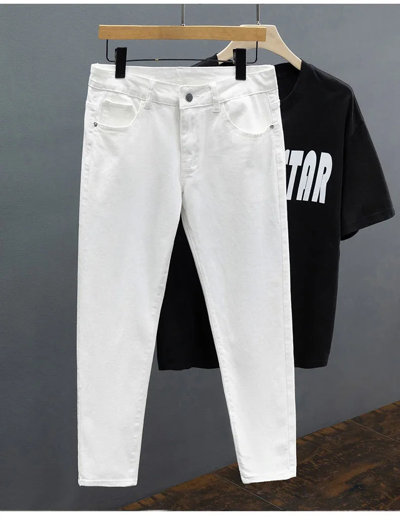 Slim Fit Men's Jeans Spring Summer Thin Cotton Soft Elastic Trendy Ankle Length Pants Straight Korean Simple Denim Trousers