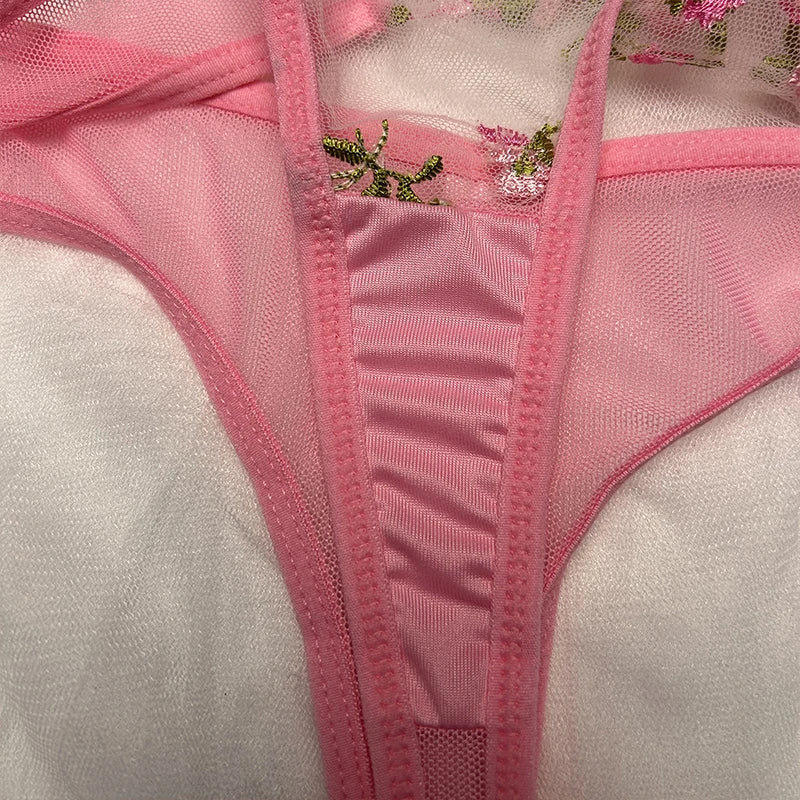 Sexy Underwear For Women Transparent Embroidered Small Flowers Bra Hot Lingerie Panties Intimates Woman Two Piece Set Clothing