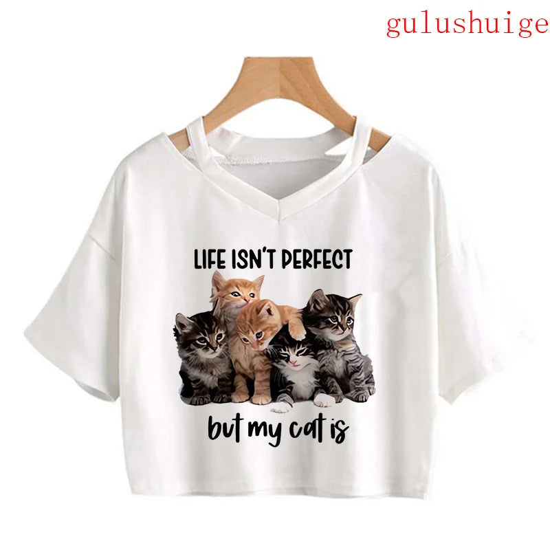 Y2k Crop Top Funny Cute Cat T Shirt Women Shirt Cropped Harajuku Graphic Ulzzang T-shirt 90s Tshirt Top Tee Female Gothic