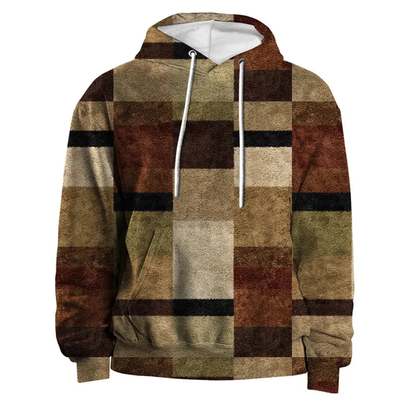 Vintage Hoodies For Men 3d Plaid Print Colorful Hoodie Sweatshirts Long Sleeve Pullovers Street Mens Clothes Casual Unisex Tops