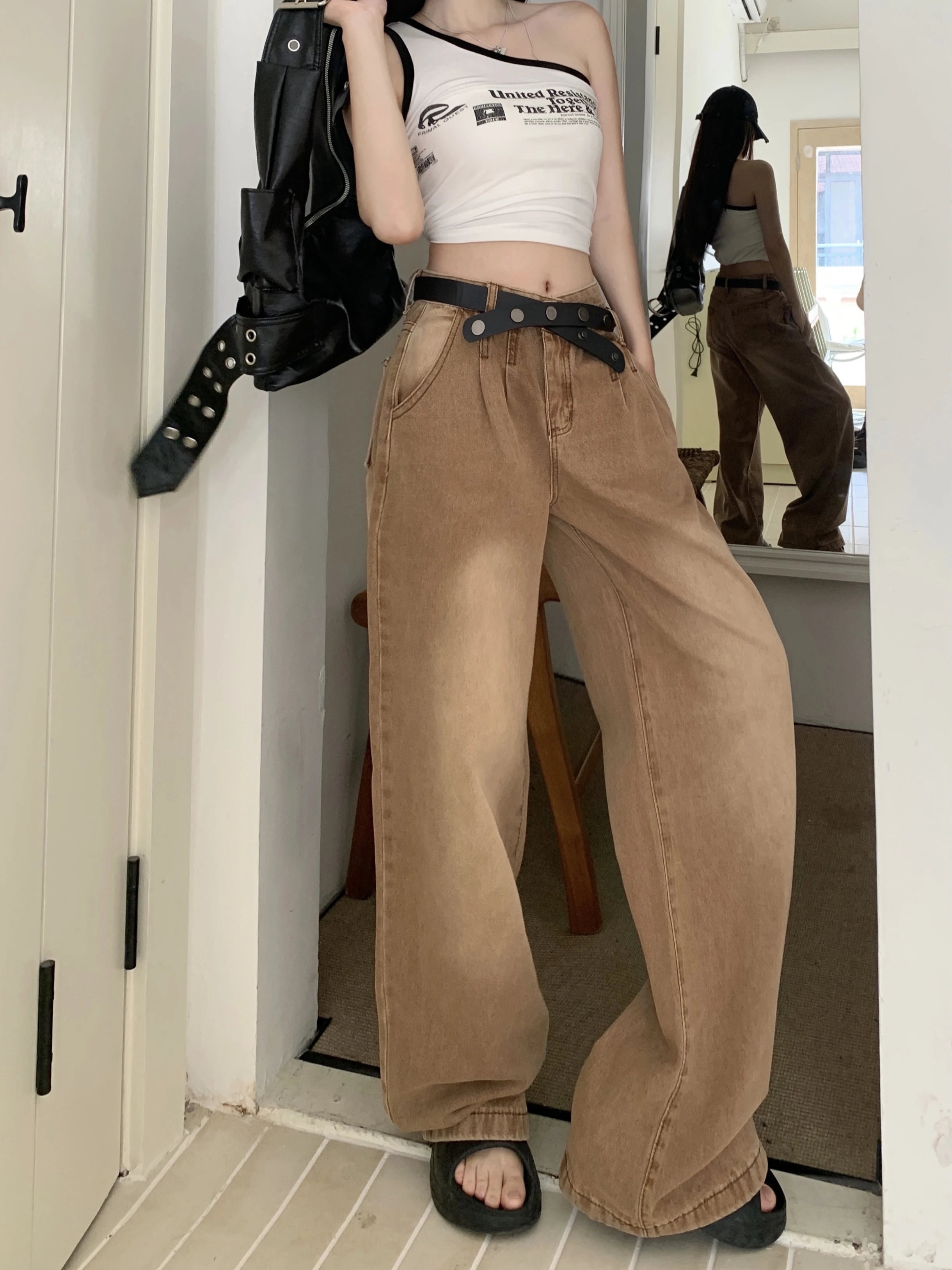 New Solid Color Slim Belt Women Jeans Simple Basic Dark Brown Straight Pants Chicly Fashion Street Casual Loose Woman Jeans