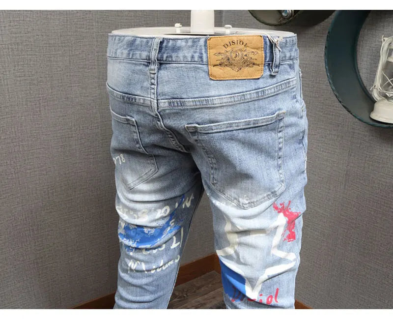 Designer Fashion New Men's Jeans Letter Printed Washed Nostalgic Stretch Slim Fit Retro Light Blue Jeans Hip Hop Brand High Qual