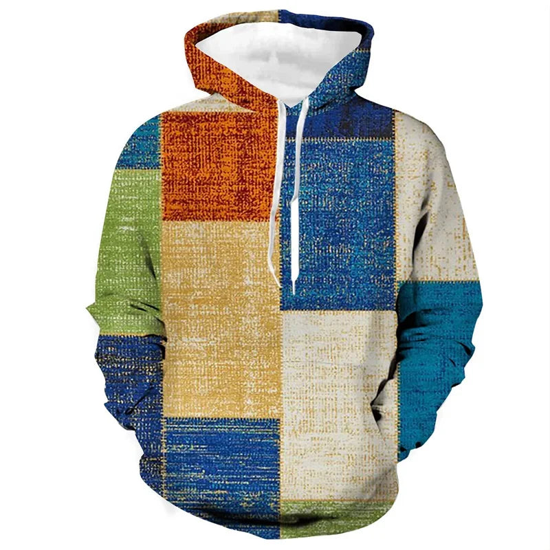 Vintage Hoodies For Men 3d Plaid Print Colorful Hoodie Sweatshirts Long Sleeve Pullovers Street Mens Clothes Casual Unisex Tops