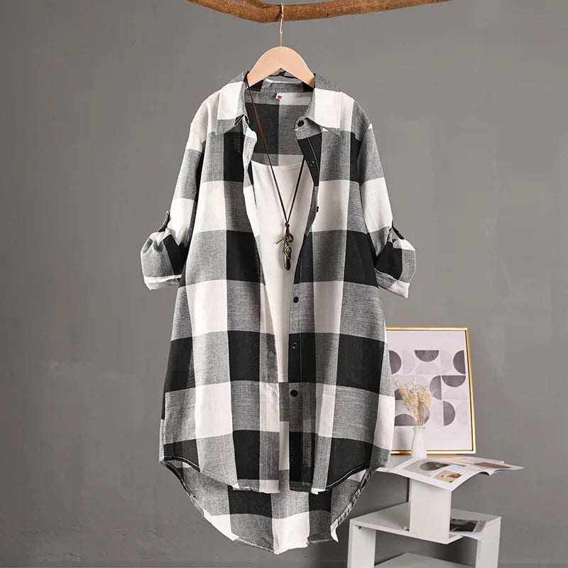 Women's Plaid Shirt Casual Blouses Woman Tops for Women Long Sleeve Long Sleeve Shirts Chic Blouse Check Linen Cotton Clothing