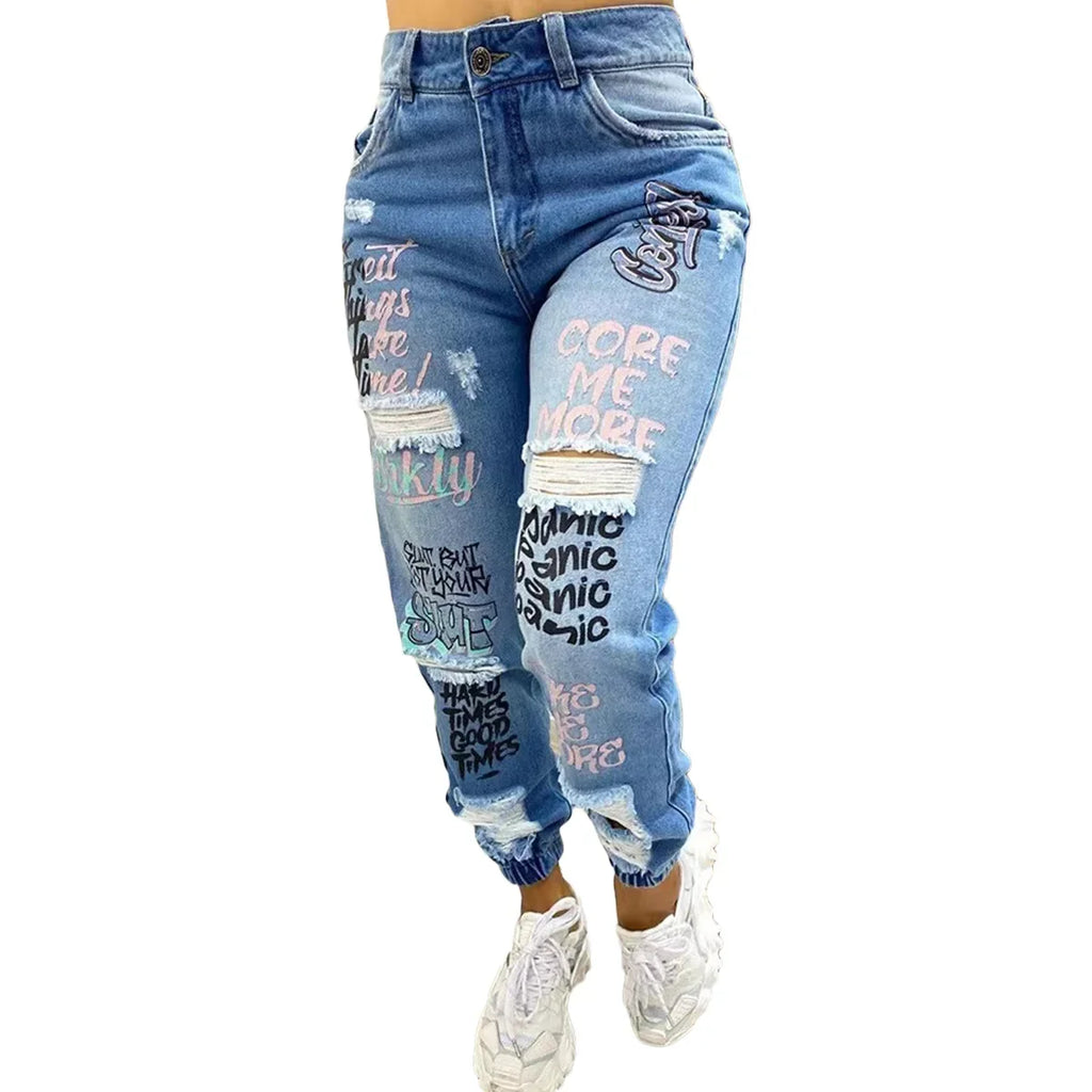 Jeans Women Fashion Stylish Monogrammed Slashed Marabou Chino Jeans Casual Length Trousers Plus Size Pants For Female 2025