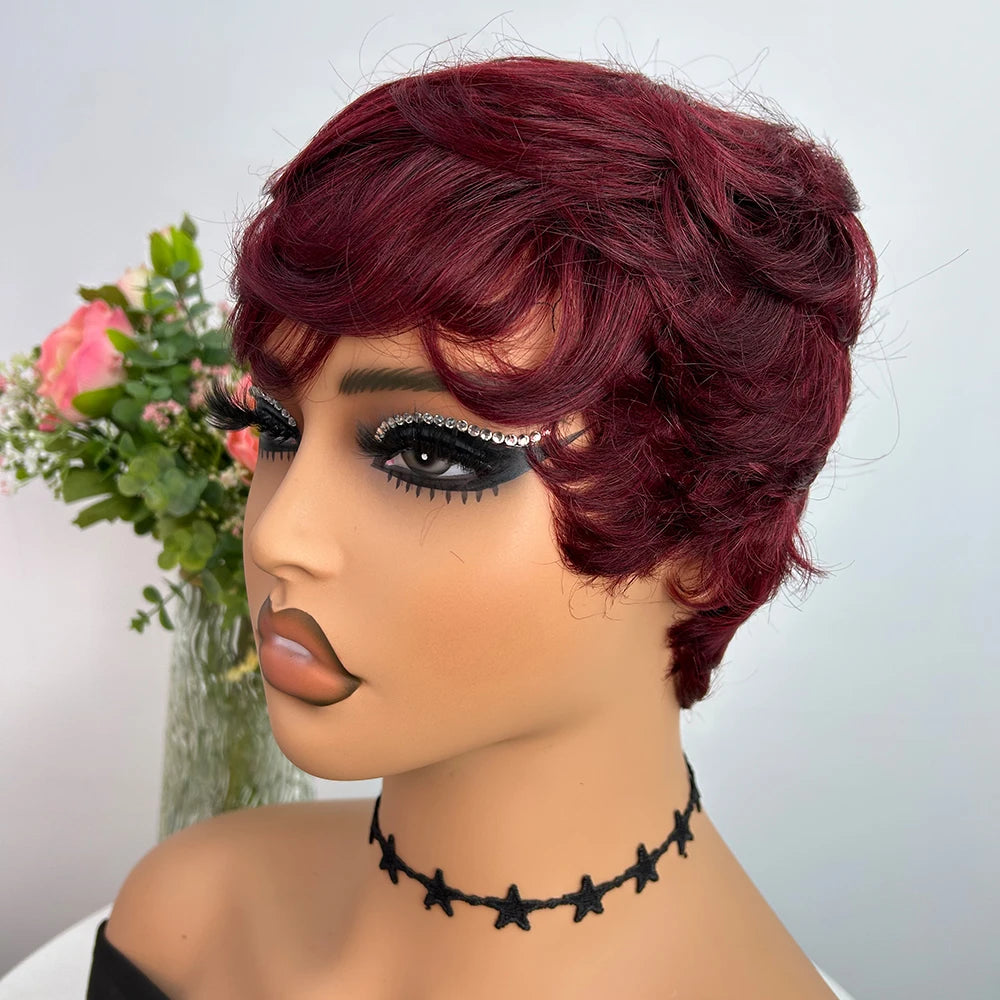Short Human Hair Wigs Pixie Cut Straight perruque bresillienne for Black Women Machine Made Wigs With Bangs Cheap Glueless Wig
