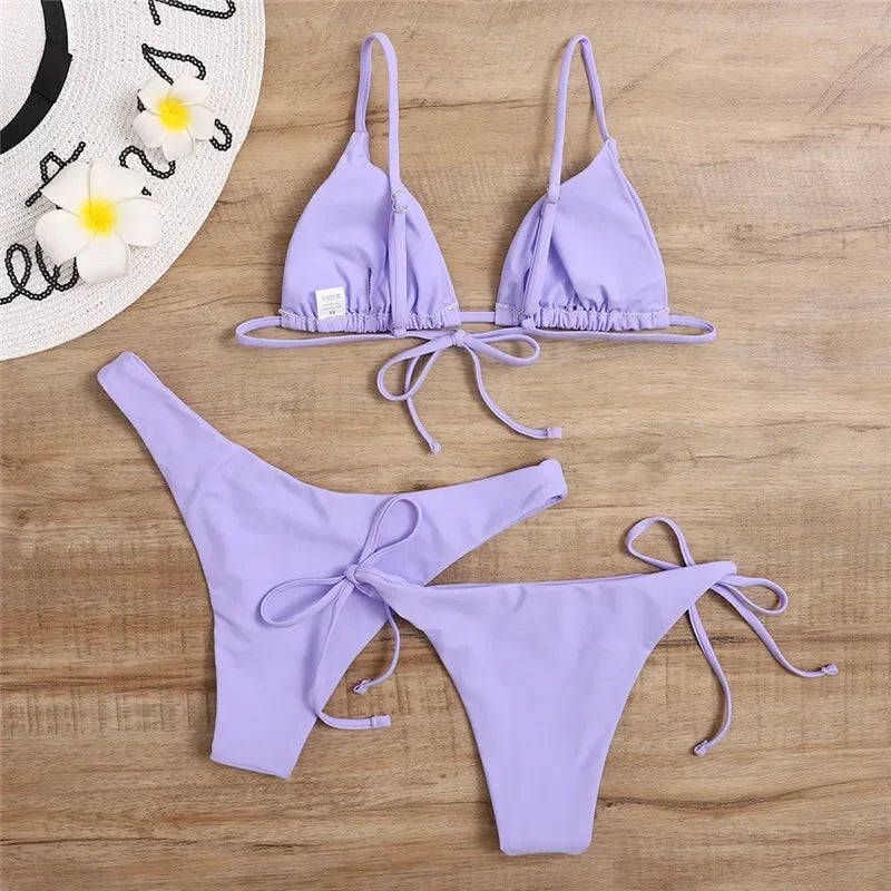 Women's Sexy 3-Piece Bikini Set - Push Up Bandage Triangle Swimsuit in Blue & Purple, Brazilian Beachwear
