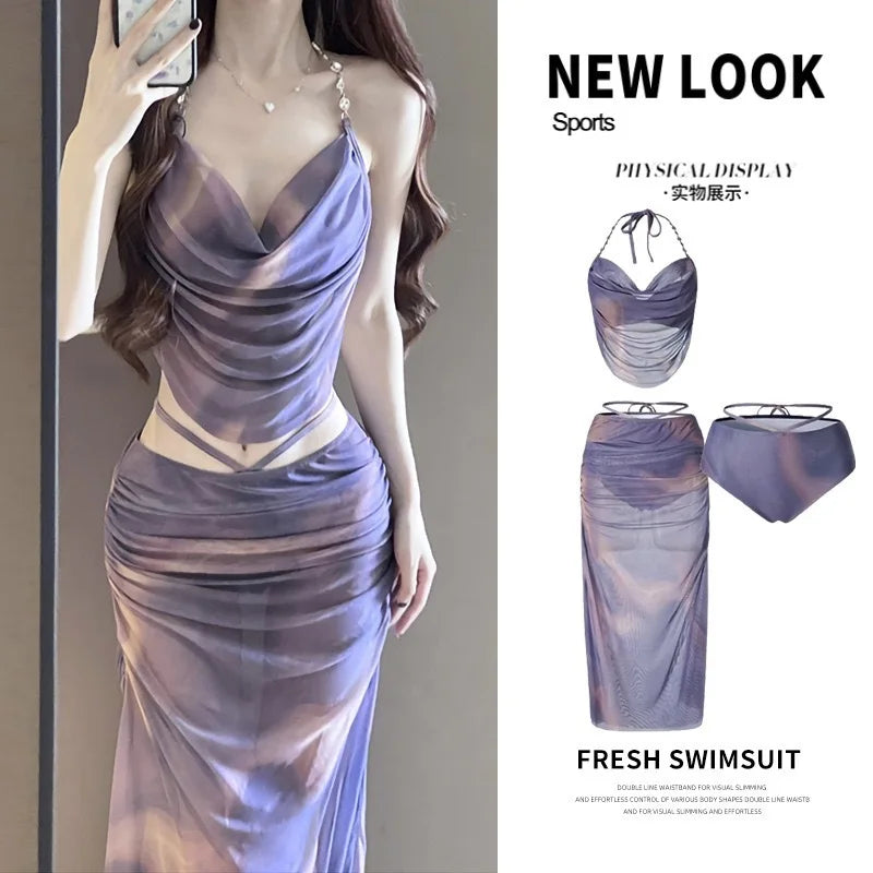 Bikini Swimsuit For Women 2025 New Three-Piece Set With Long Skirt Sexy Push-Up Underwire Beach Vacation Swimwear