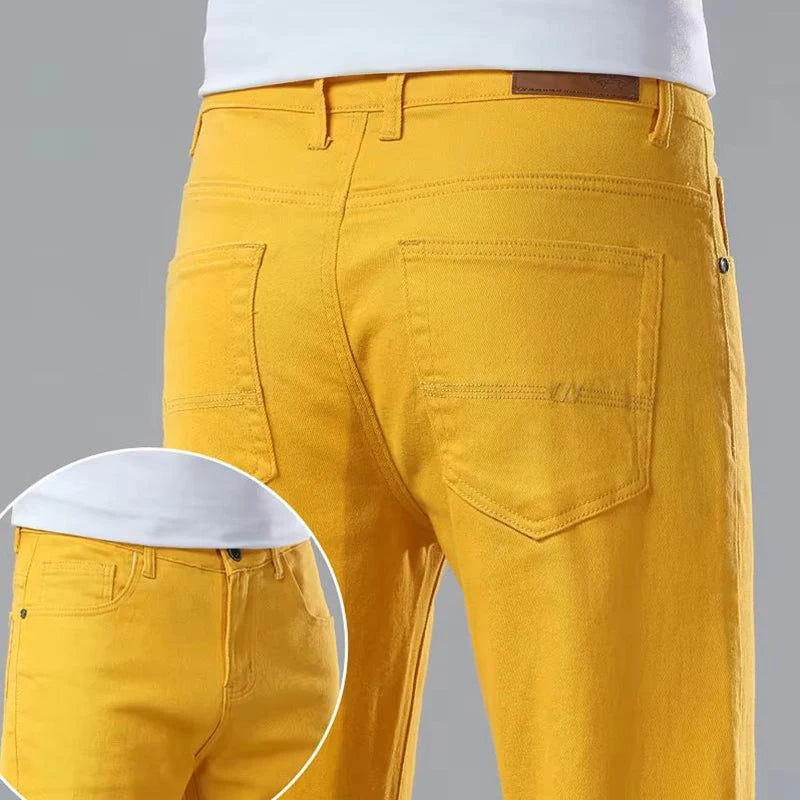 New Autumn Men's Yellow Pink Red Slim Jeans Classic Straight Elasticity Denim Pants Male Brand Stretch Skinny Colorful Trousers