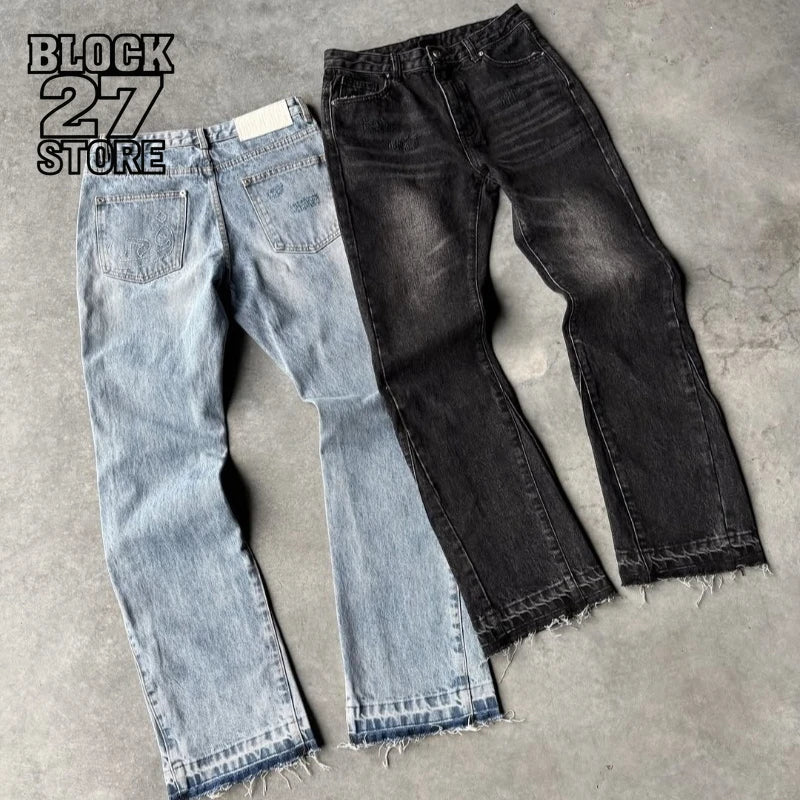 Mens Jeans Harajuku Y2K Vintage Slim Fit Washed Denim Pants Hip Hop Gothic Straight Leg Micro Flared Casual Streetwear Fashion