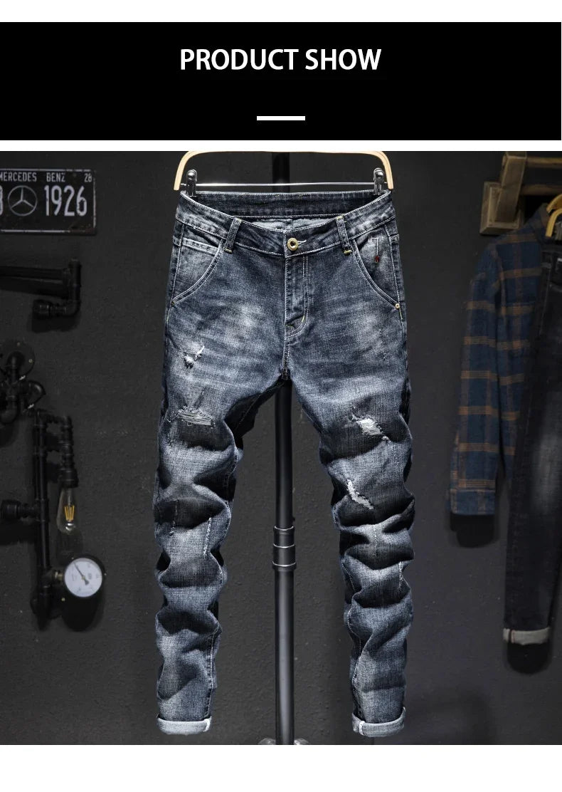 Men's Ripped Jeans Streetwear Personality Trendy Korean Fashion Slim Beggar Holes Denim Pants Stretch Casual Male Trousers