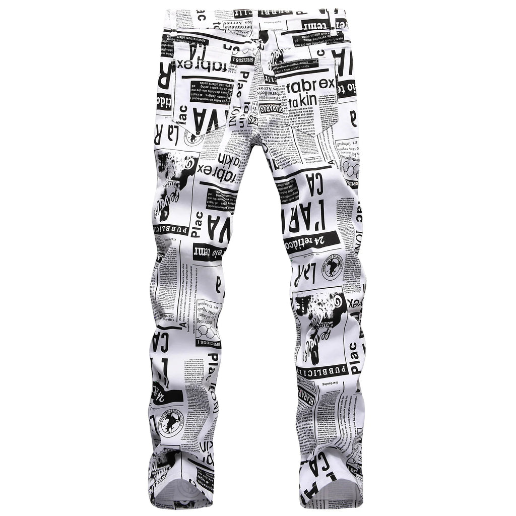 2026 Street Style Men’s Slim Stretch Jeans Trend Newspaper Full Print Personalized Stylish Sexy Denim Pants Men Casual Trousers