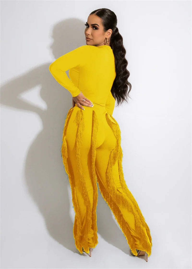 Elegant 2 Piece Sets Women Outfit 2025 Fall Winter Long Sleeve Bodysuit Top and Tassel Pants Matching Sets Ensembles Pantalons