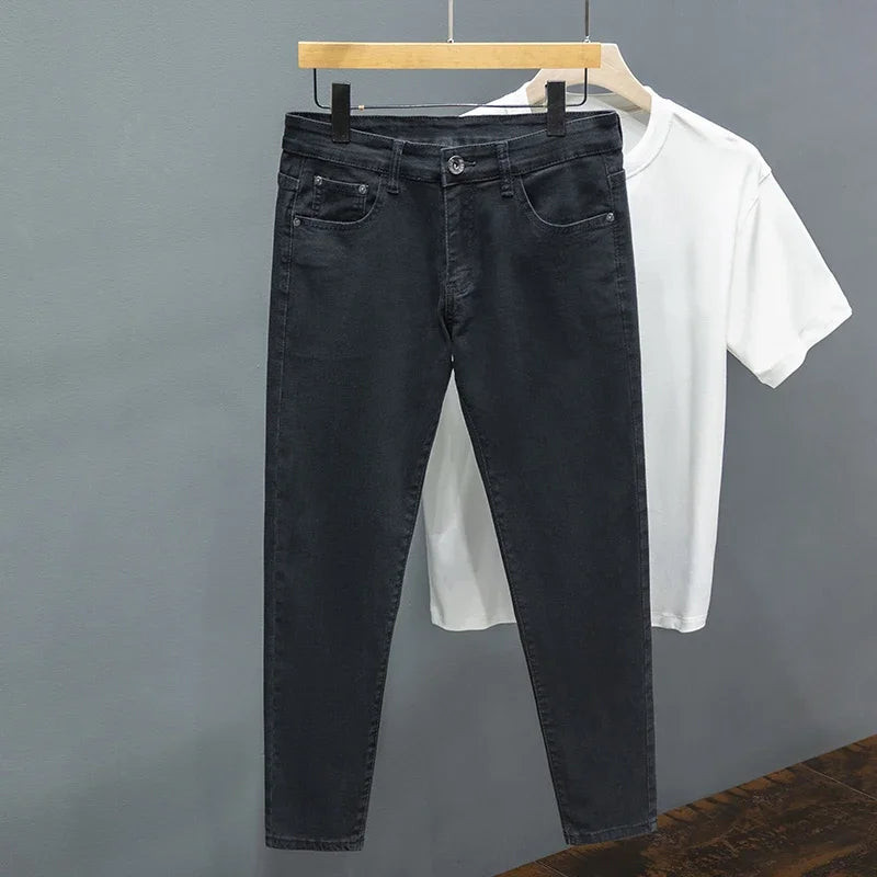 Slim Fit Men's Jeans Spring Summer Thin Cotton Soft Elastic Trendy Ankle Length Pants Straight Korean Simple Denim Trousers