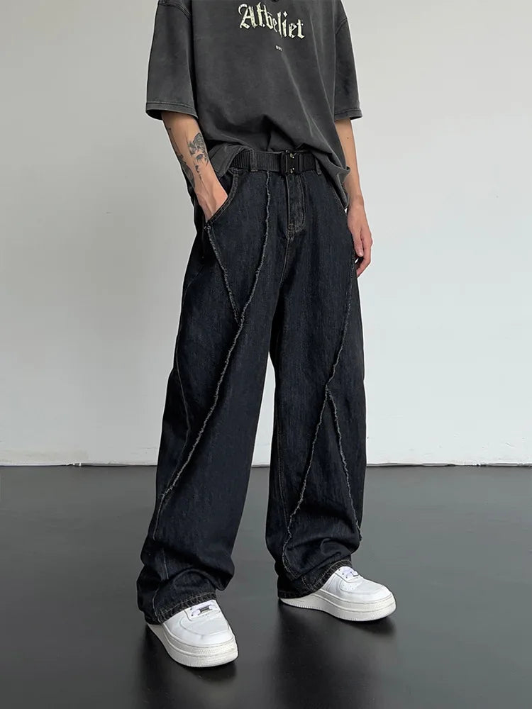 2025 Men HipHop Distressed Jeans Pants Men Ripped Patchwork Denim Pants Male Oversized Loose Casual Streetwear Wide Leg Trousers
