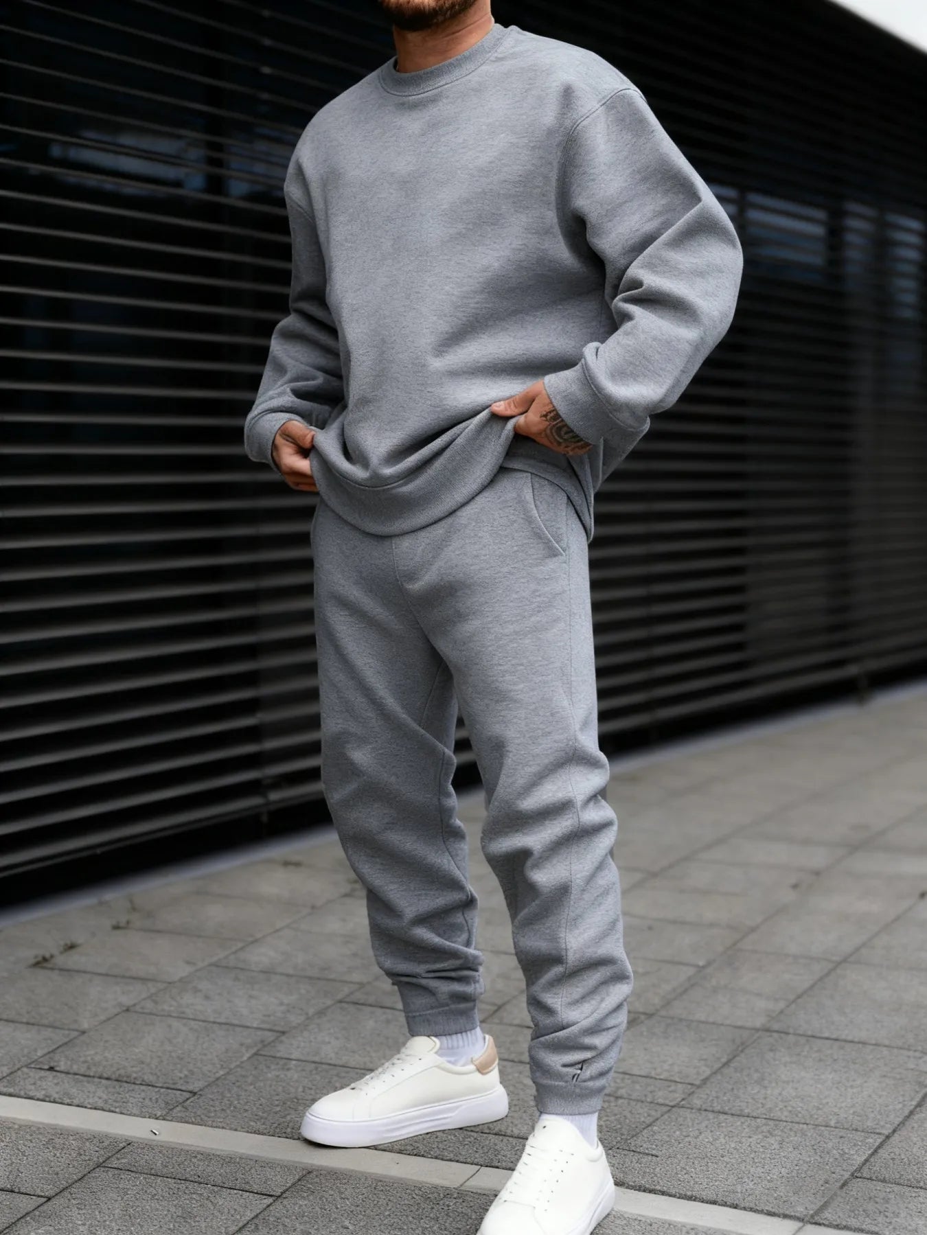 Autumn Man Sweatshirt Set Fleece Casual Solid Color Two-piece set Fashion Crewneck Sweatshirts Street Soft Sweatpants