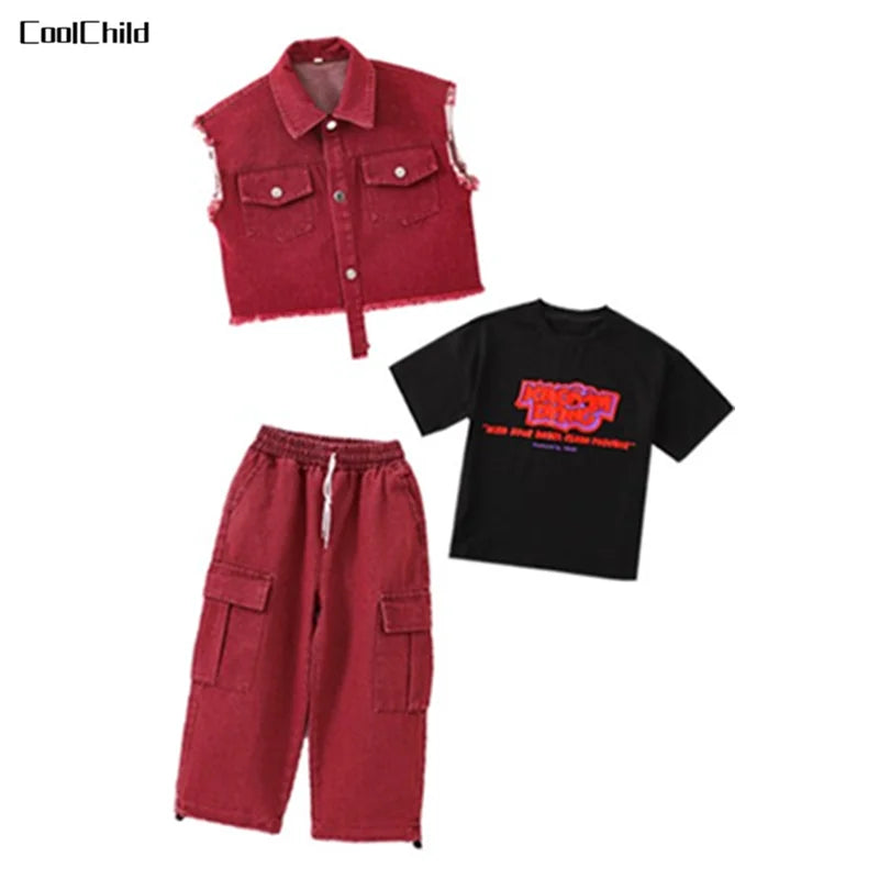 Hip Hop Girls Cool Denim Vest Burr Edge Cargo Jeans Clothes Sets Boys Jazz Street Dance T-shirt Child Kids Streetwear Costumes
