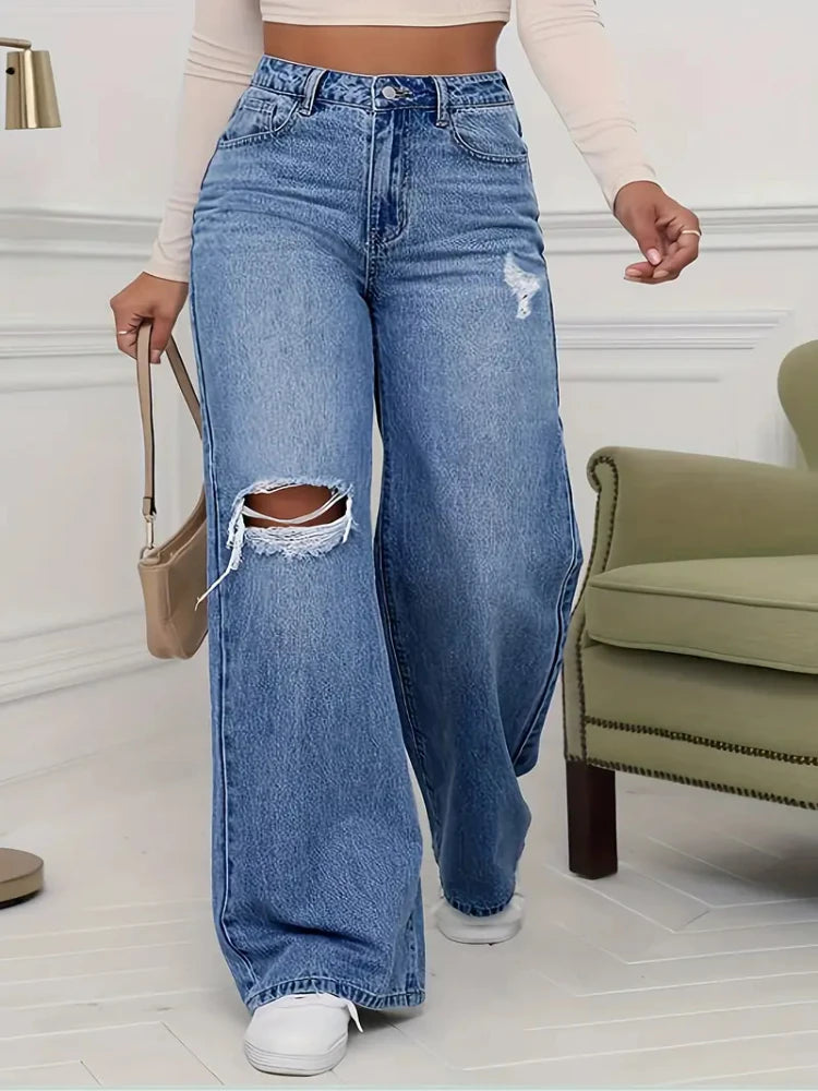 Denim Pants Women's Jeans Wide Leg Vintage Distressed Ripped Trousers 2026 Streetwear Washed Pockets Floor Length Hole Jeans