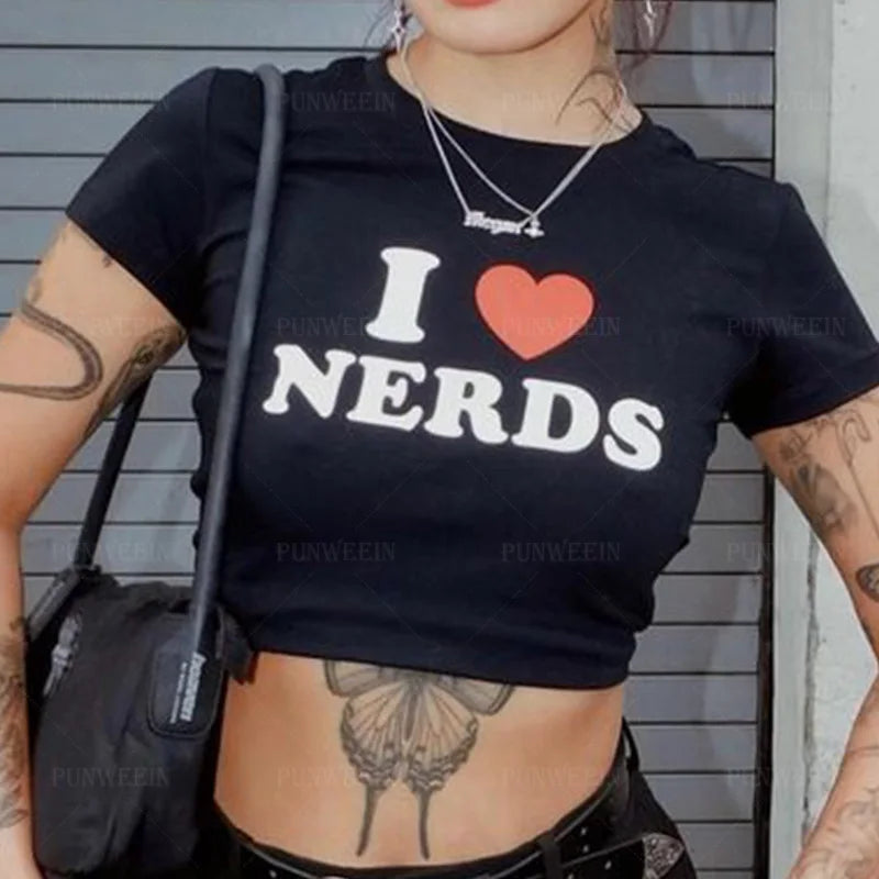y2k Girls Summer vintage Crop Tops Harajuku Punk I love Nerds Graphics Women T Shirt Short Sleeve Streetwear Sexy Slim Baby tees